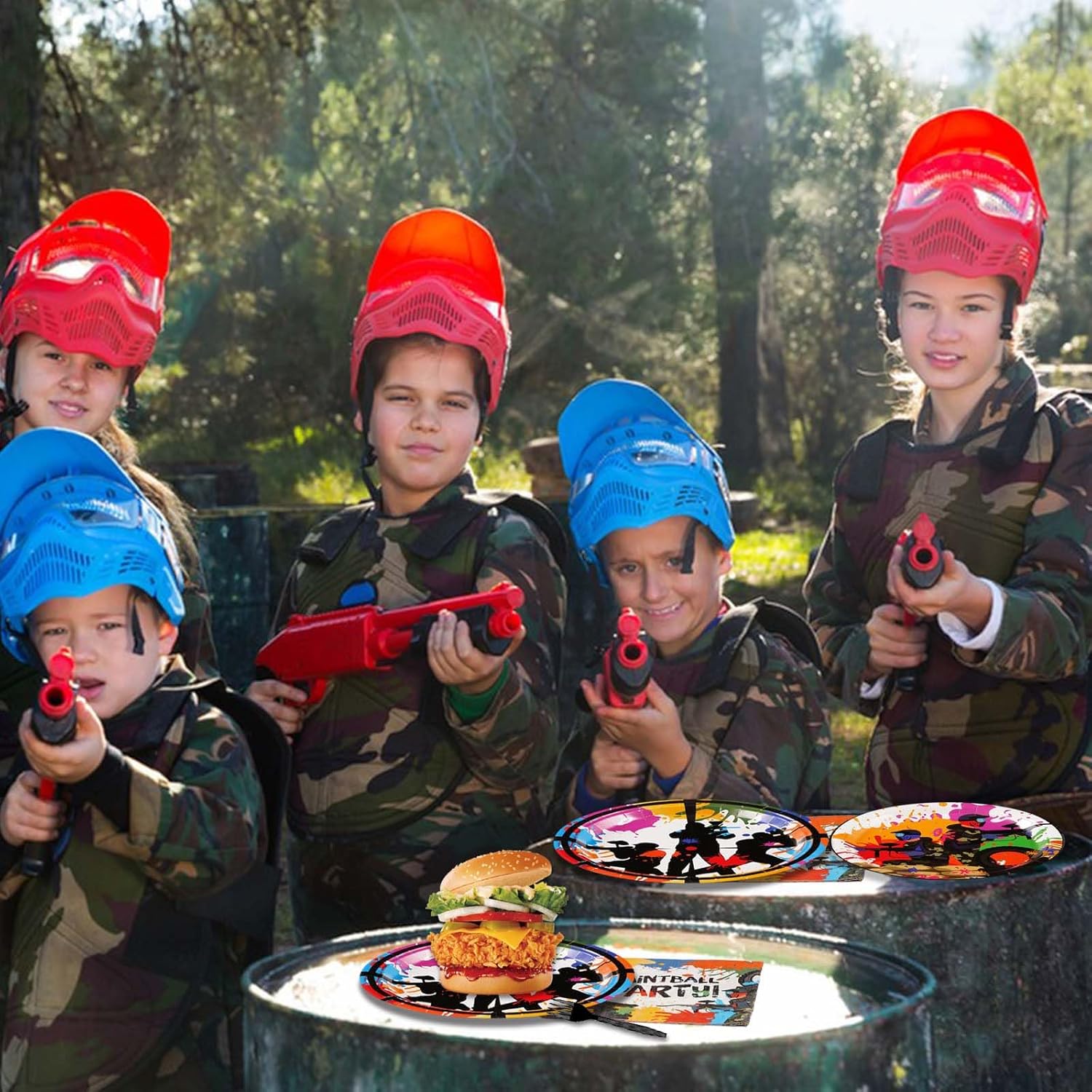 Juego de 96 platos y servilletas de papel de paintball, decoración de fiesta de neón de paintball, suministros de vajilla para niños
