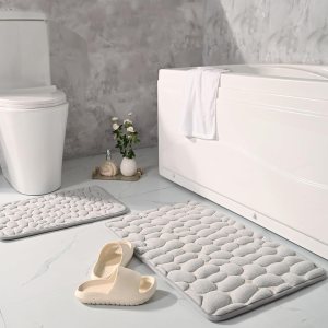 Juego de 2 tapetes de baño de espuma viscoelástica de adoquines suaves y absorbentes, tapetes rectangulares para el inodoro y la ducha (gris claro) Juego de 2 tapetes de baño de espuma viscoelástica de adoquines suaves y absorbentes, tapetes rectangulares para el inodoro y la ducha (gris claro)