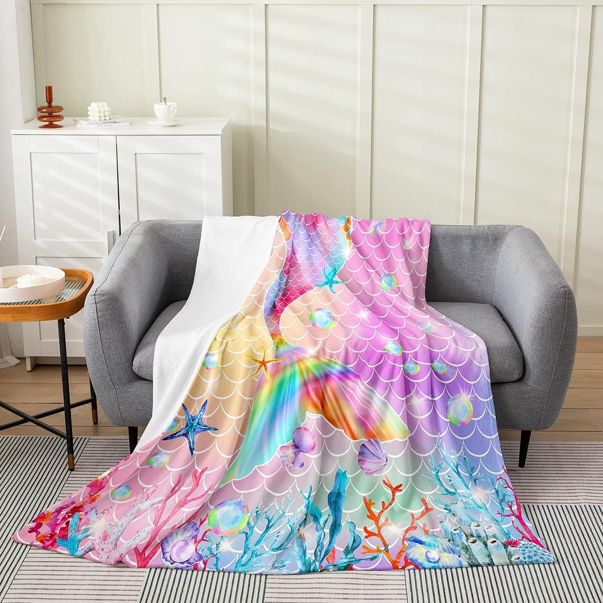 Erosebridal Manta de cola de sirena para niños, manta de vellón de sirena de 40 x 50 pulgadas para niñas, manta de franela de escamas de peces