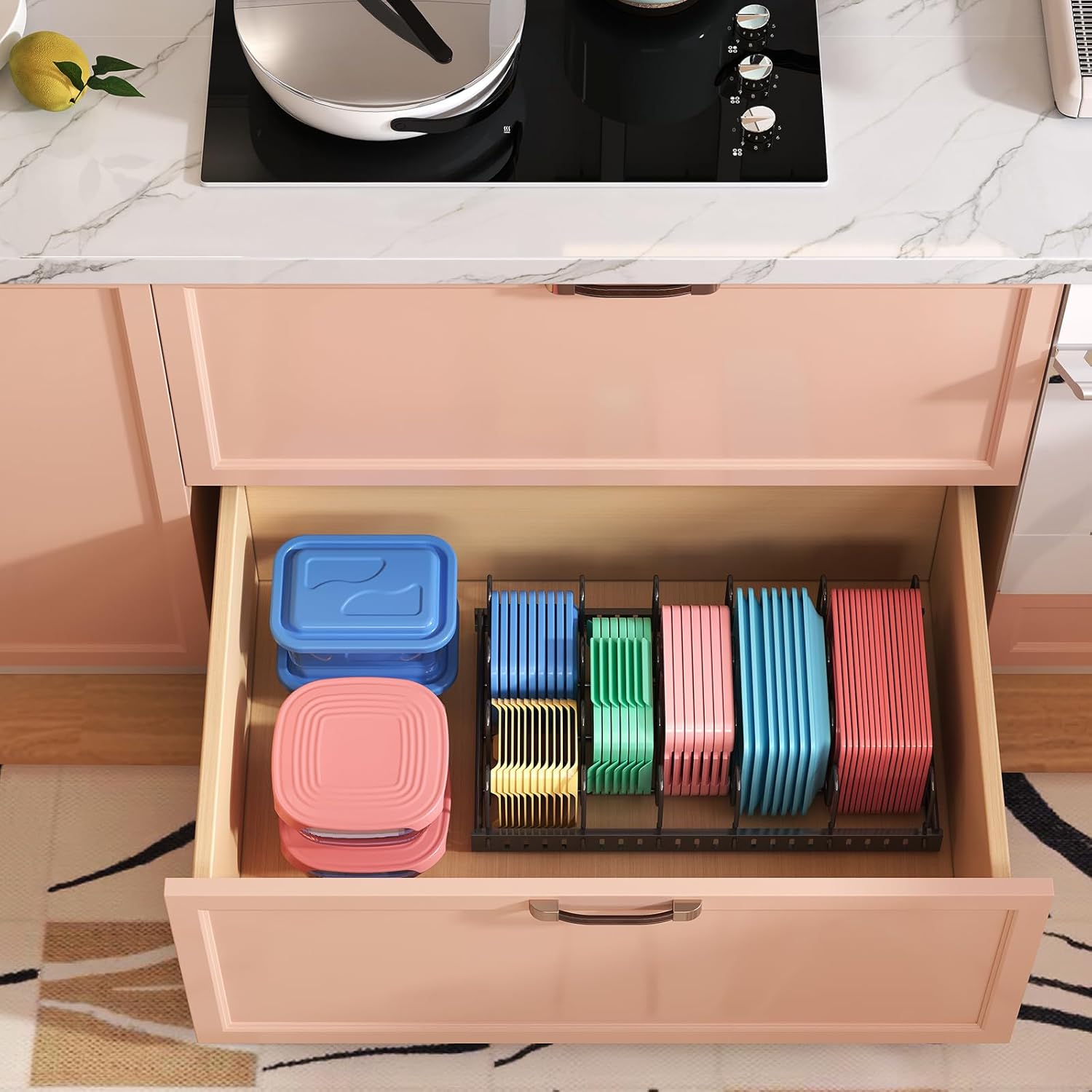 X-cosrack Organizador de tapa de contenedor de alimentos de metal y 6 divisores ajustables para contenedores de almacenamiento, estante de tapa para