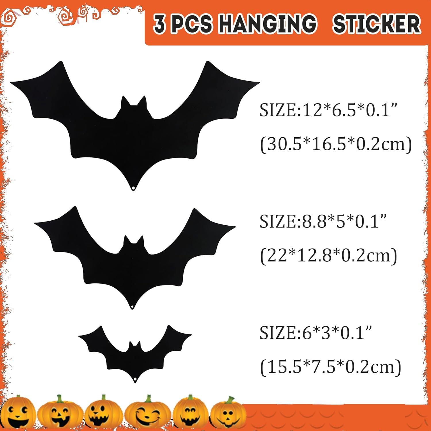 BVLFOOK Decoración de pared de murciélagos, 3 piezas de murciélagos de metal, decoración de Halloween, calcomanías colgantes para decoración del