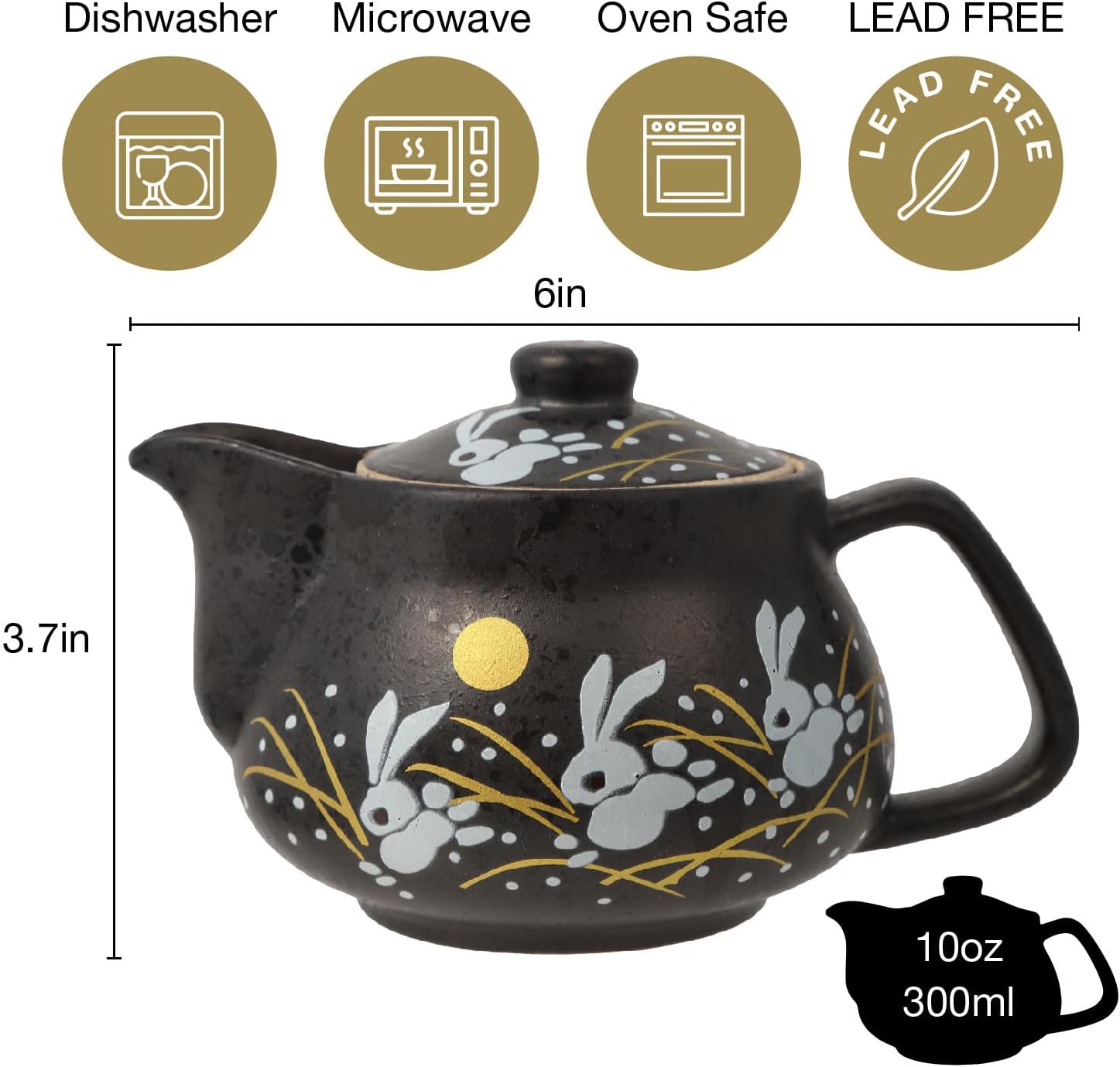 HAKONE YOSEGI Tetera japonesa Kutani Yaki de conejo Kutani Yaki de 10 onzas con infusor extraíble, taza con asa, tetera segura para estufa, set de