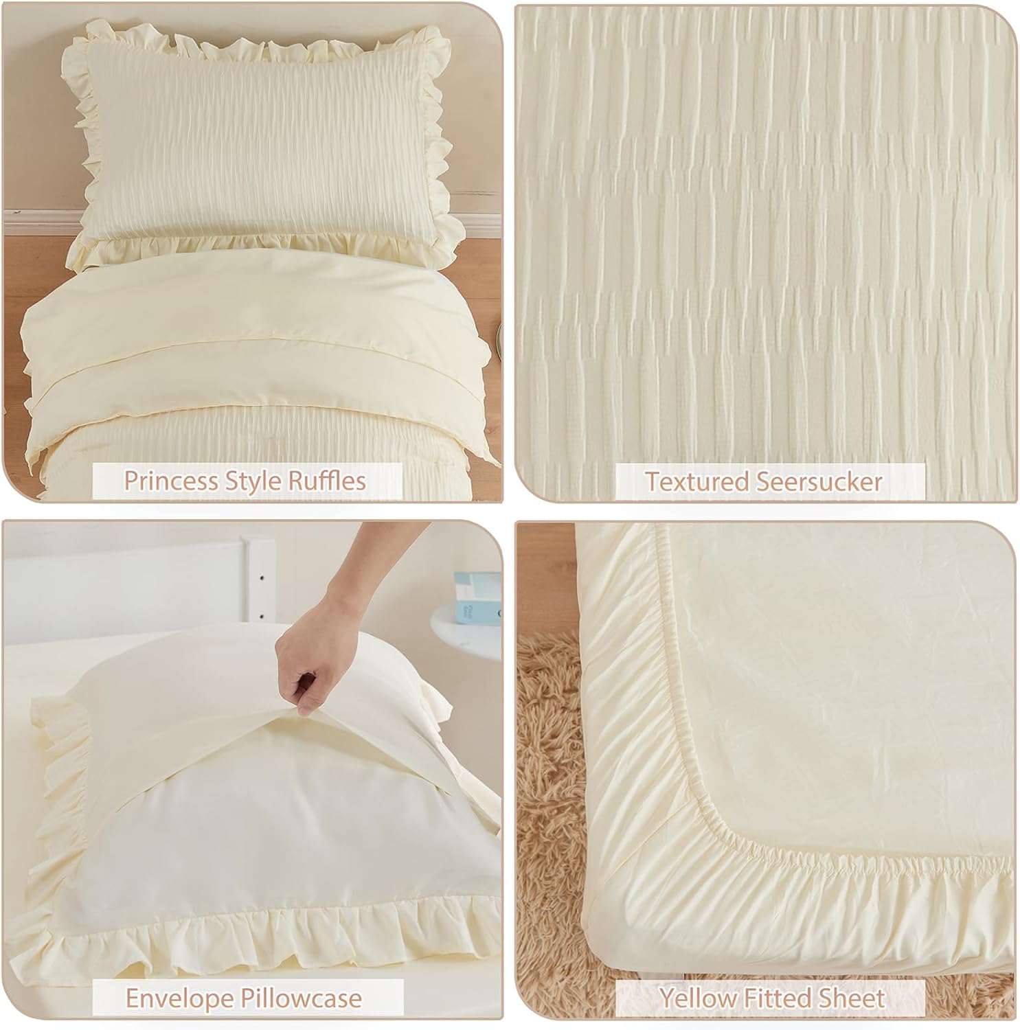 Juego de ropa de cama de 4 piezas con textura de sirsaca para niñas, juego de sábanas para cuna, color beige, con volantes, ropa de cama suave y