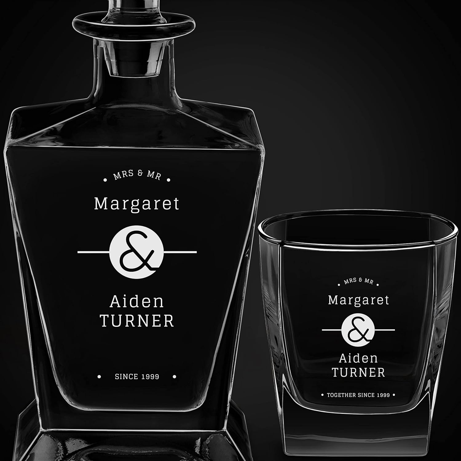Maverton Juego de whisky grabado para parejas, juego de bebidas elegante personalizado para boda, jarra de whisky con 6 vasos, decantador geométrico
