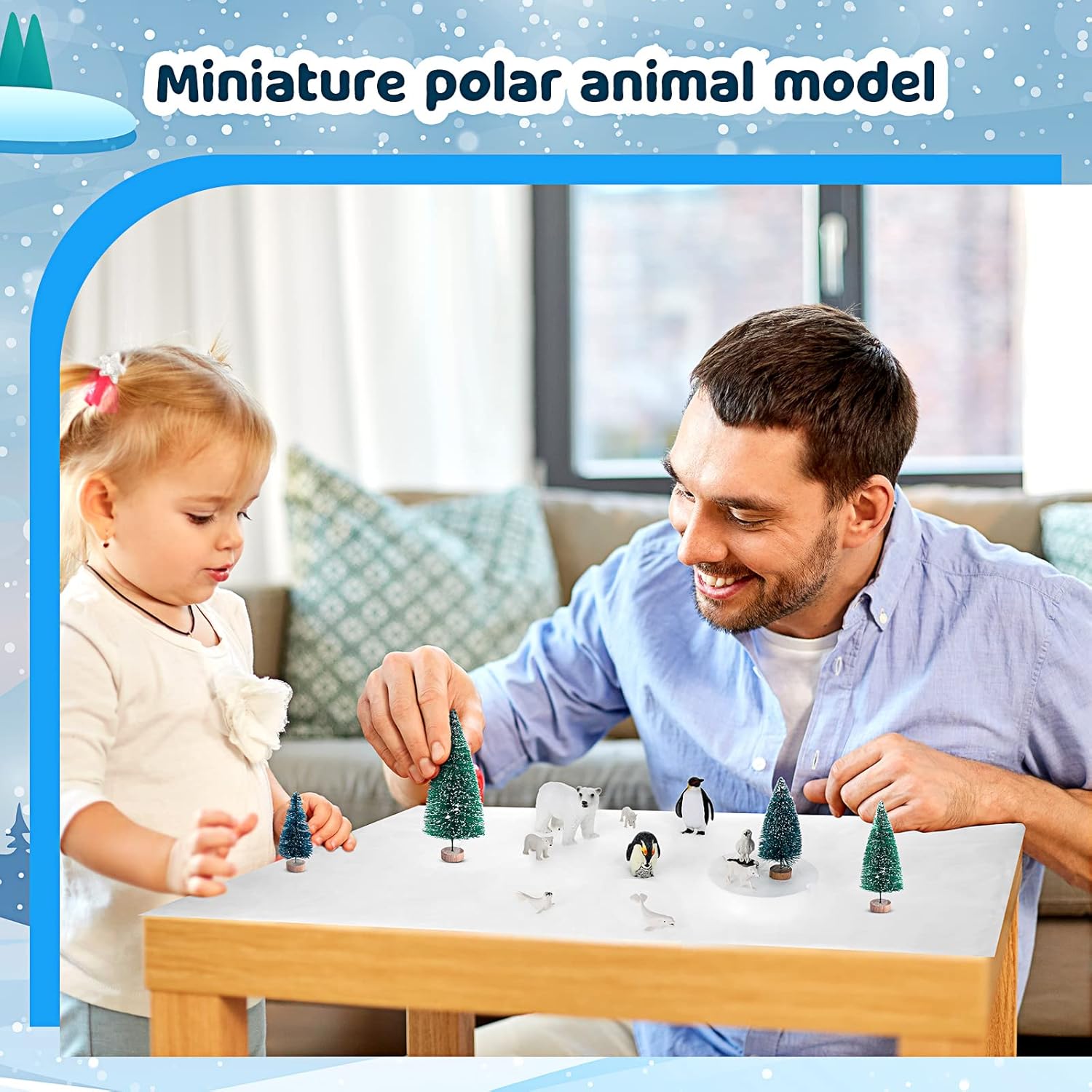 El juego de 19 juguetes de animales árticos incluye 10 figuras de animales polares, 6 pinos en miniatura, 1 tabla de espuma, 1 manta de nieve falsa