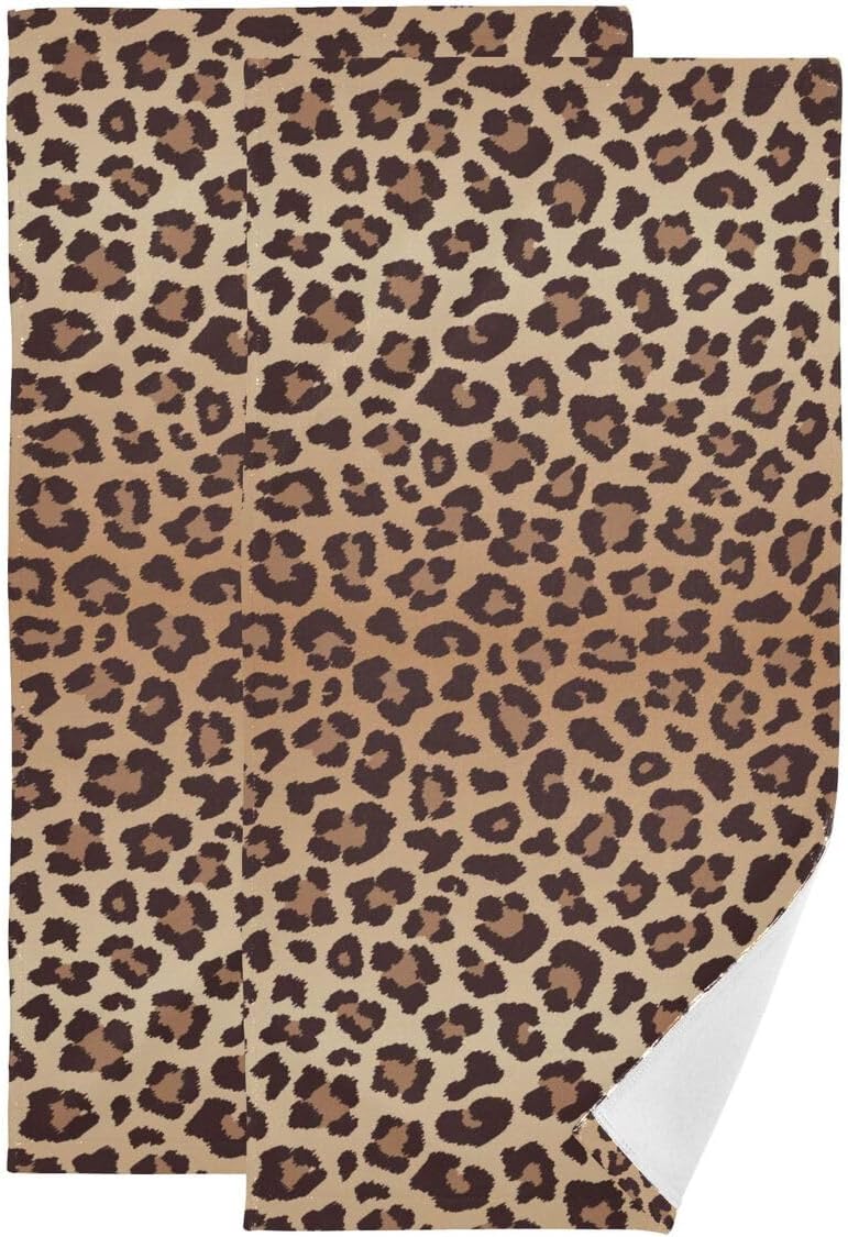 Juego de 2 toallas de mano con estampado de leopardo para baño, sin costuras, diseño de piel de animal salvaje, estampado de guepardo marrón, suave,