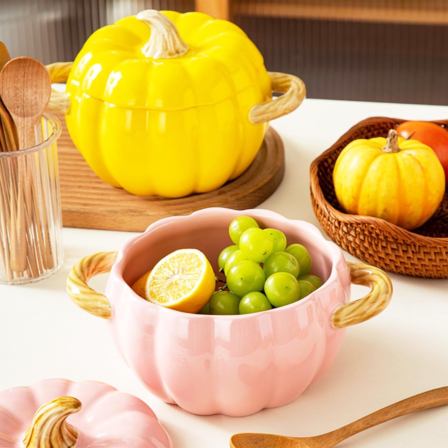Olla de horno holandés con tapa, cacerola de postre de cerámica de calabaza, mini plato para hornear, lindo cuenco de calabaza, olla de cerámica