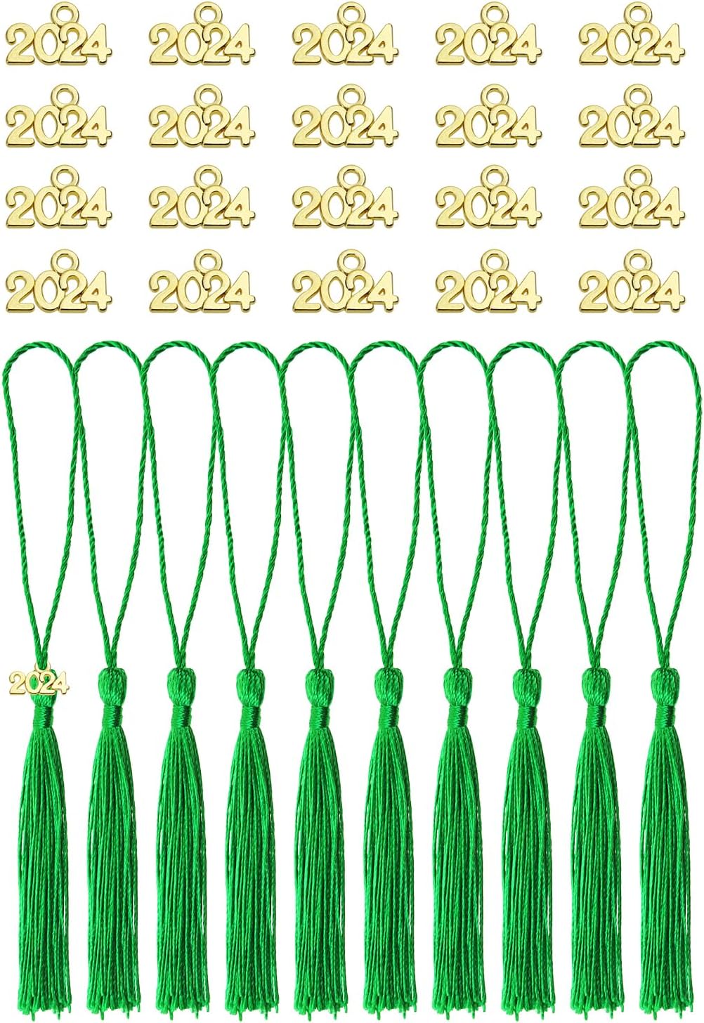 Tupalizy 10 mini borlas sedosas hechas a mano con 20 dijes del año 2024 para graduación, llavero, aretes, joyería, regalos de boda, recuerdos,