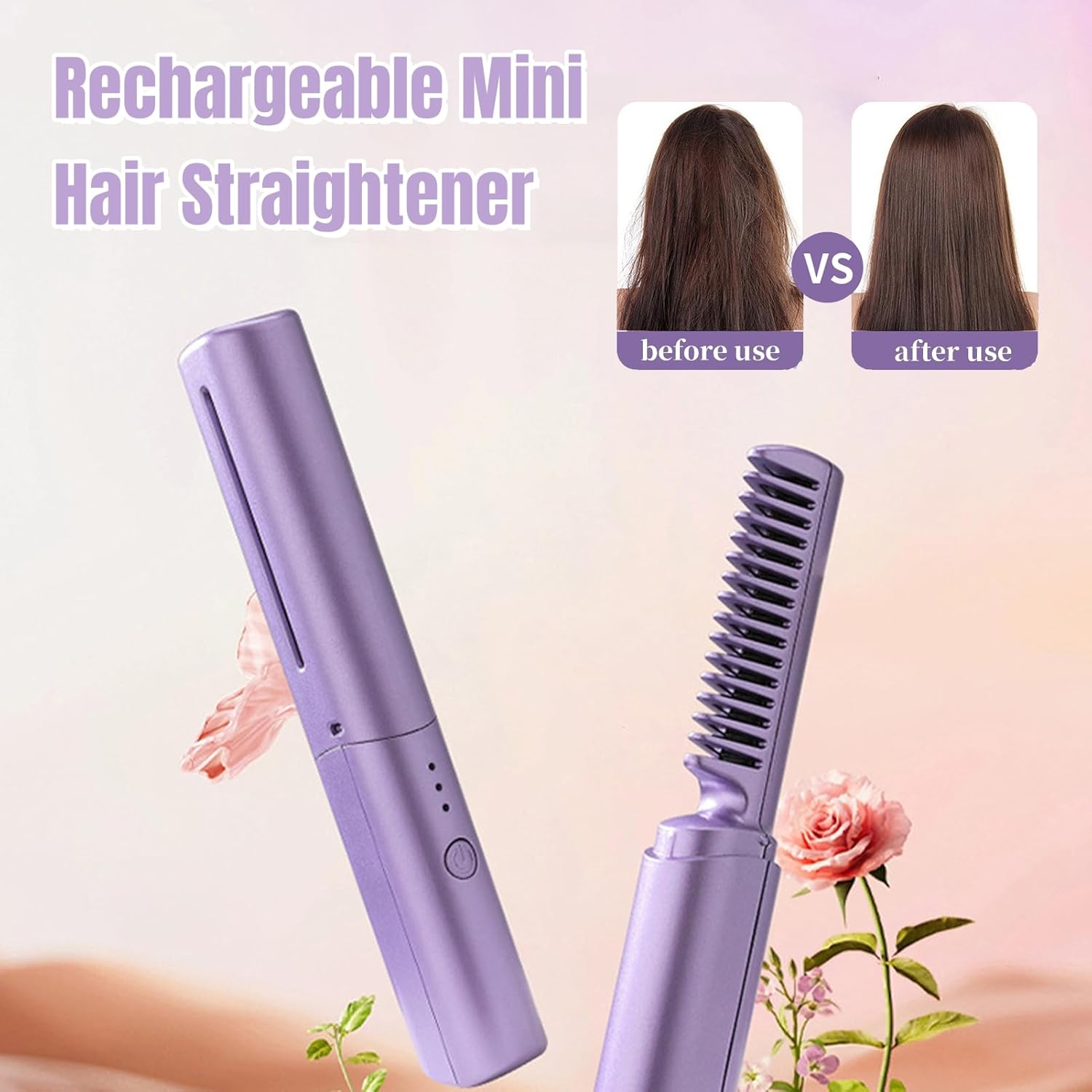 Mini alisador de pelo recargable, cepillo alisador inalámbrico portátil, cepillo alisador de tres temperaturas con iones negativos, tamaño de viaje,