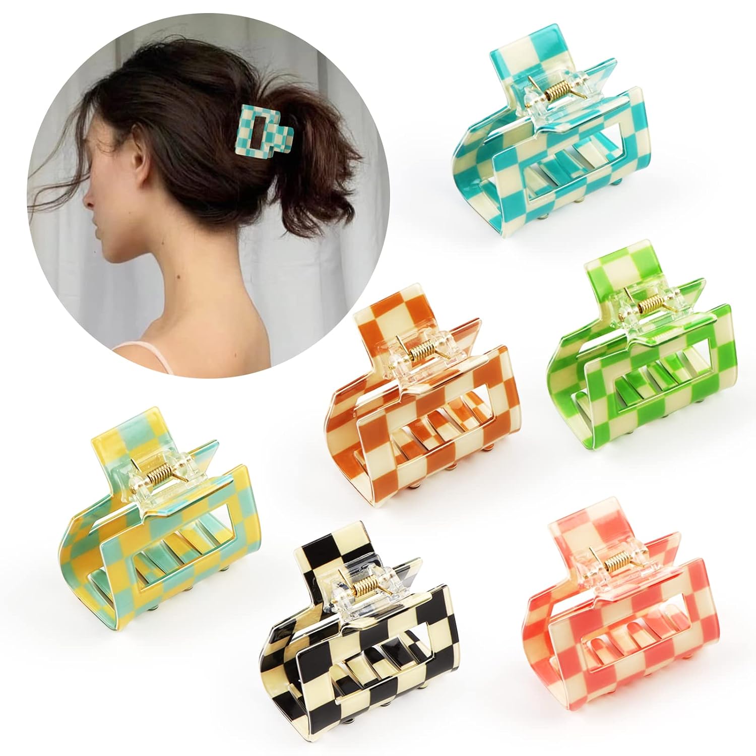 Paquete de 6 pinzas para el cabello a cuadros, pinzas de pelo cuadradas multicolores medianas, pinzas antideslizantes para el cabello, accesorios de