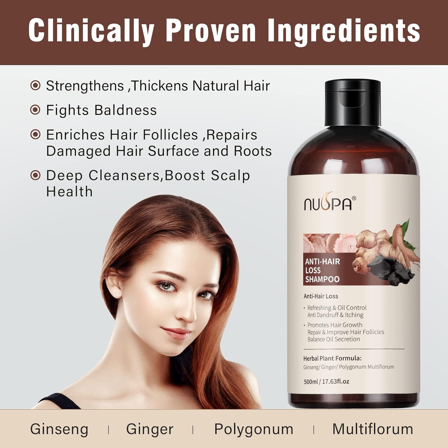 Champú para adelgazar el cabello 5 en 1, lavado de cabello orgánico 100% natural infundido con jengibre, ginseng, Polygonum Multiflorum, tratamiento
