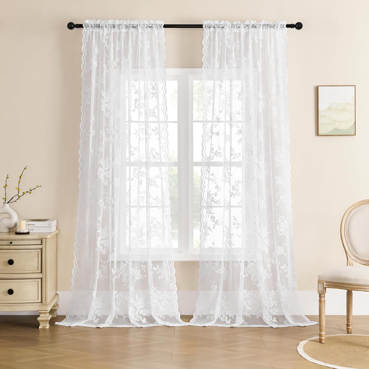 SEEKRIGHT 2 paneles de cortinas traslúcidas de encaje de 72 pulgadas de largo, cortinas florales blancas para sala de estar, dormitorio, bolsillo
