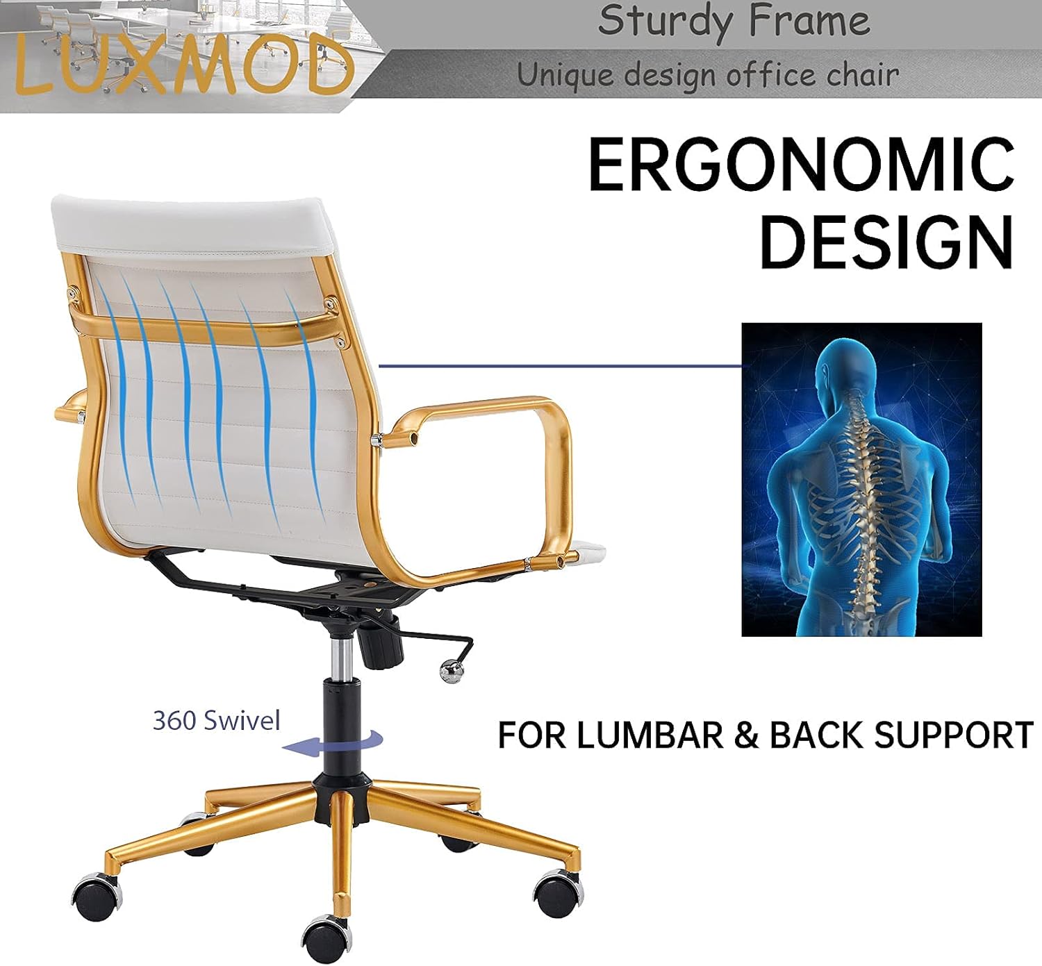 LUXMOD Silla de escritorio de oficina dorada, silla de escritorio de oficina acanalada con respaldo medio, silla de trabajo ejecutiva de conferencia