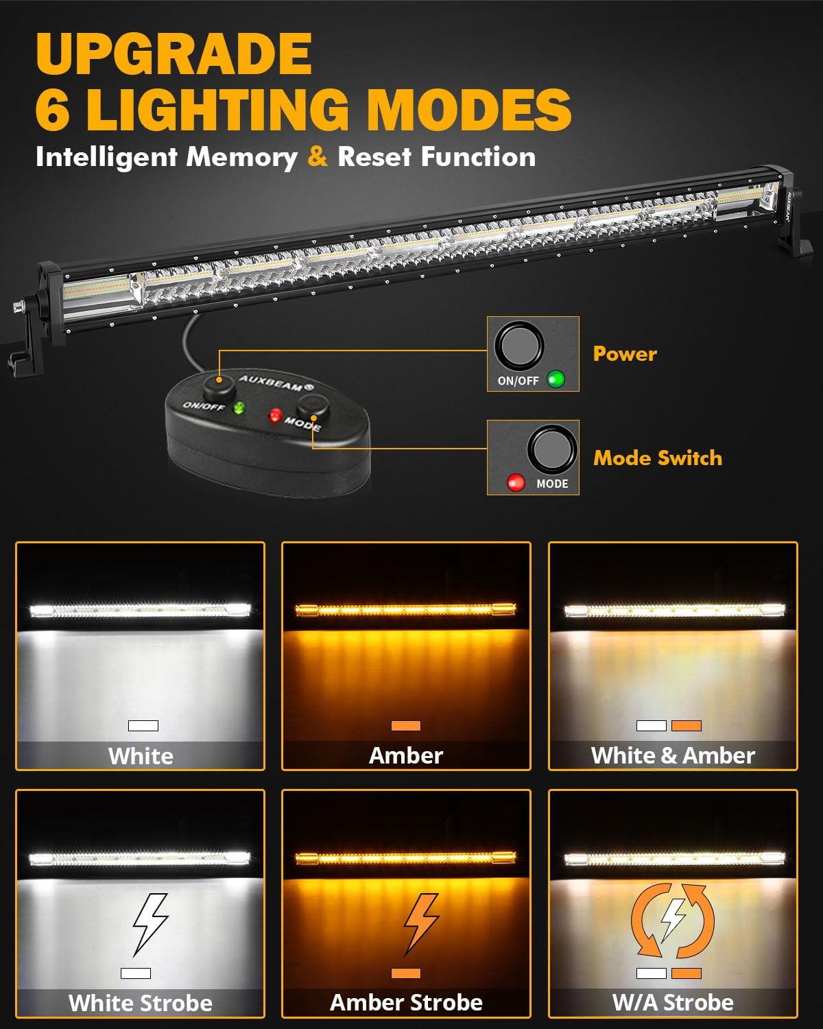 Auxbeam Barra de luz LED recta de 42 pulgadas y 240 W, 6 modos de luz estroboscópica blanca ámbar todoterreno, haz combinado de inundación puntual