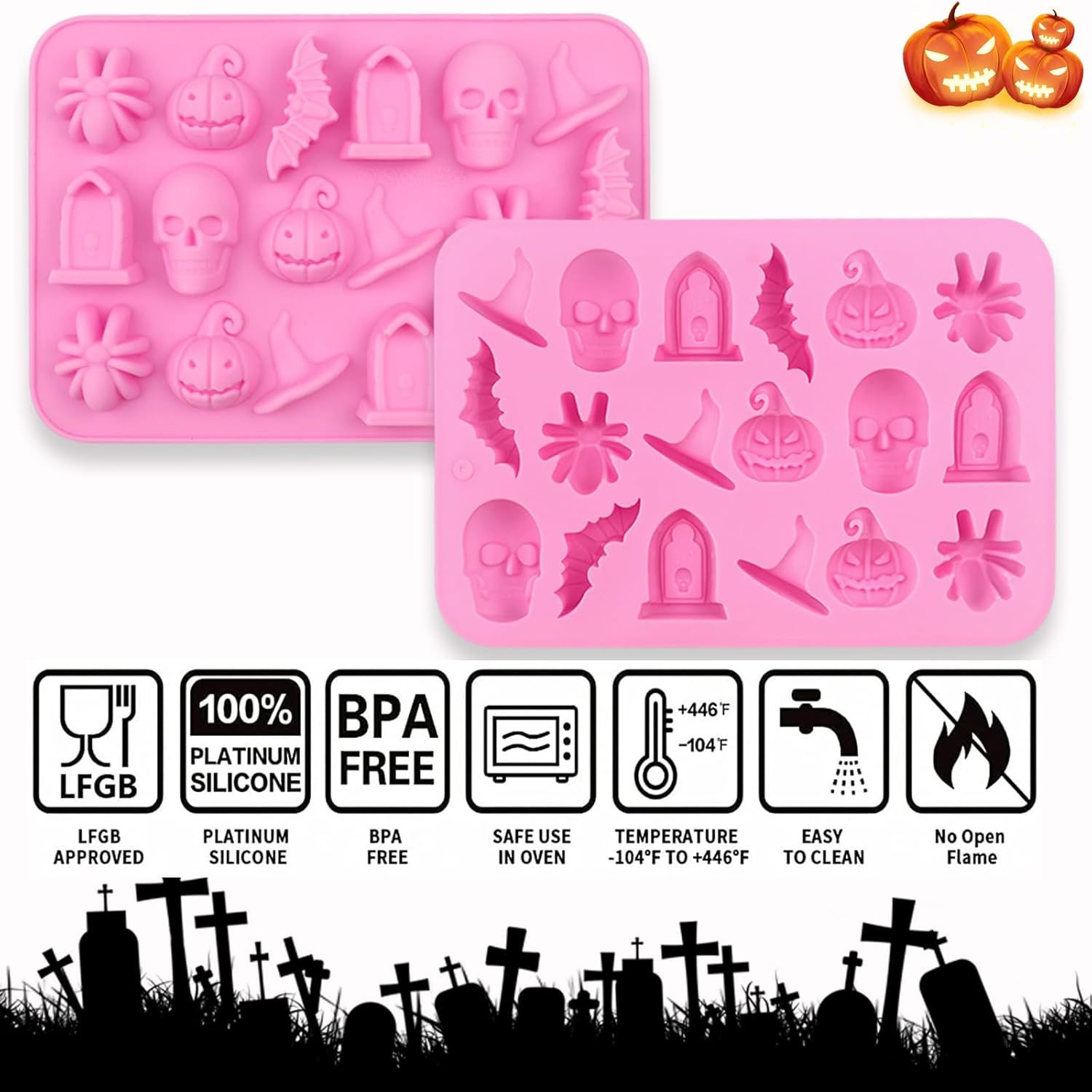 2 moldes de silicona de Halloween, 18 cavidades, fantasma, calabaza, murciélago, cráneo, bruja, moldes para hornear dulces de chocolate para pudín,