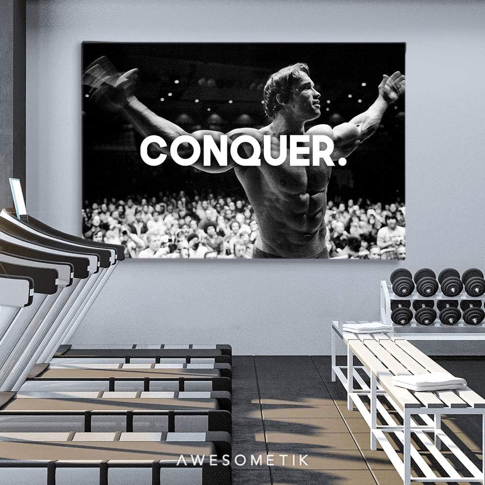 “AWESOMETIK” Arnold Schwarzenegger Conquer Bodybuilding – Lienzo decorativo motivacional para pared, decoración de oficina. Listo para colgar.