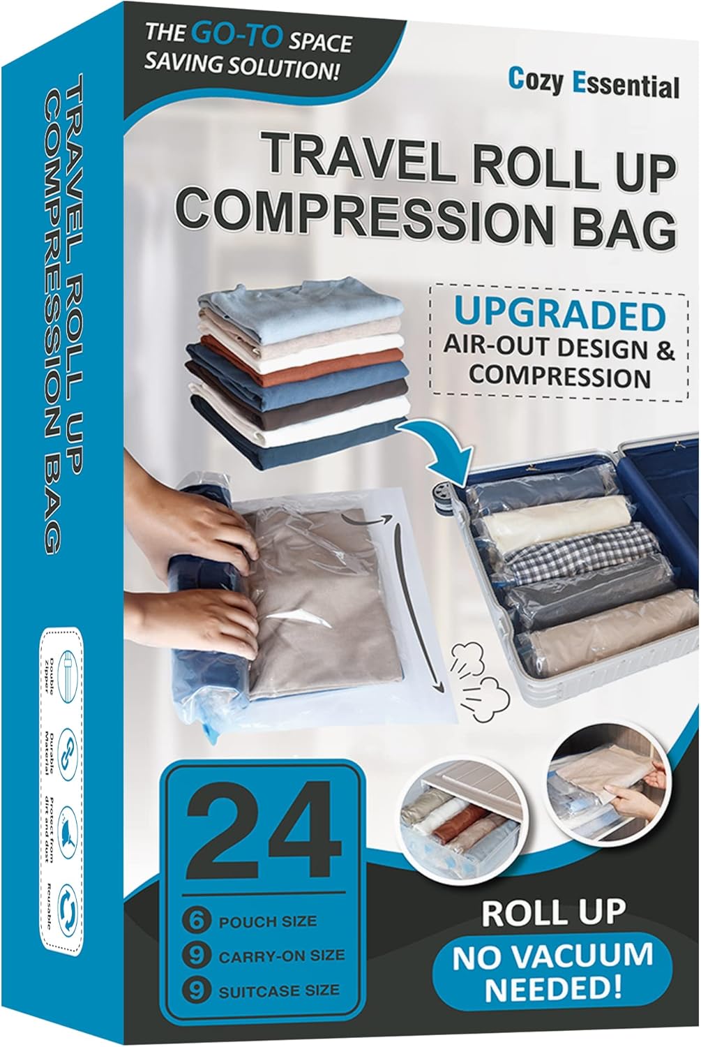 24 bolsas de compresión de viaje, bolsas enrollables para ahorrar espacio para equipaje, artículos esenciales para cruceros (9 rollos grandes9