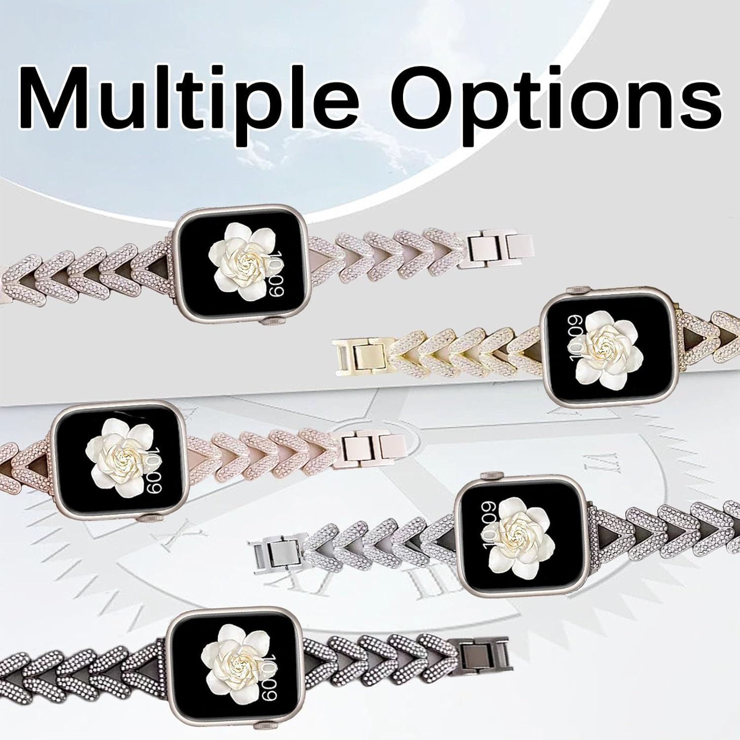 Miimall Correa compatible con Apple Watch con purpurina de 1.49, 1.57, 1.61, 1.77, 1.73, 1.65 y 1.73 pulgadas, acero inoxidable con diamantes de