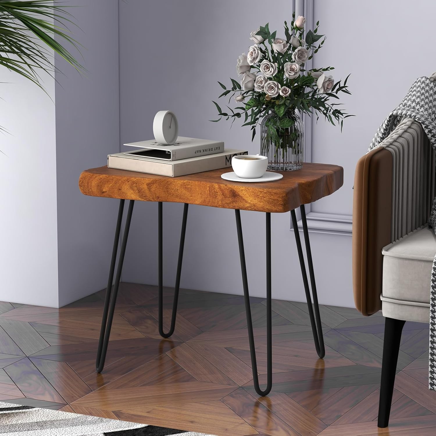 GOFLAME Mesa auxiliar rectangular, mesa auxiliar para interiores y exteriores con parte superior de madera de teca maciza y patas de metal, mesa de