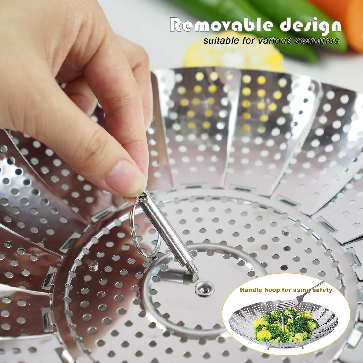 Cesta de vapor, utensilios de cocina plegables de acero inoxidable, tamaños ajustables para adaptarse a varias ollas (5.1 a 9 pulgadas)