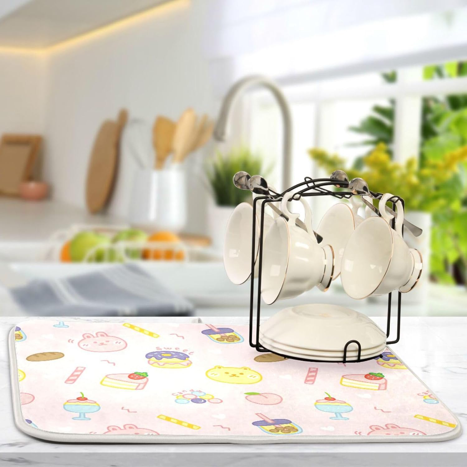 Cute Dessert Rabbit Donut Bubble Tea Peach Dish Mat Washnable Absorbent Kitchen Mat For Counter Drying Mats For Countertop Tapete Para Cocina 16” x