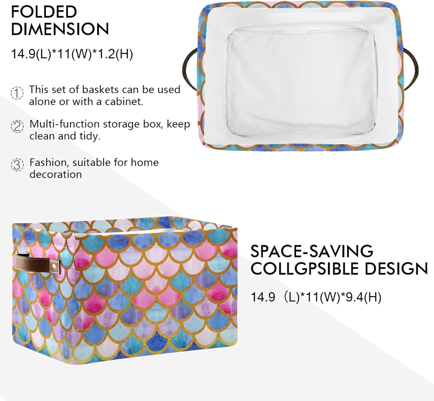 Cesta de almacenamiento rectangular  Escamas de pez sirena colorida caja de almacenamiento plegable con asas de cuero, estantes organizador para