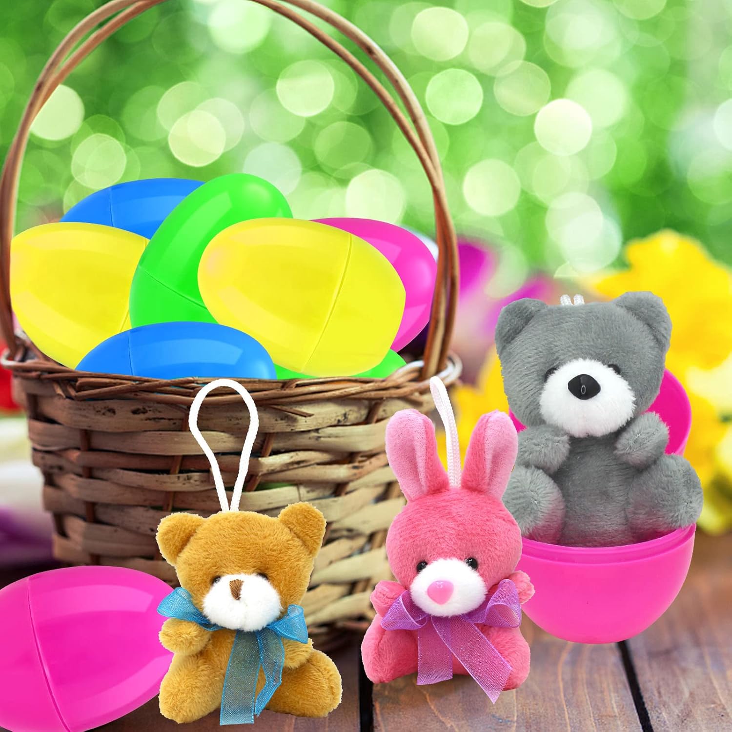 12 huevos de Pascua precargados con temática de animales con juguetes de peluche en el interior para cestas de niños y recuerdos de fiesta