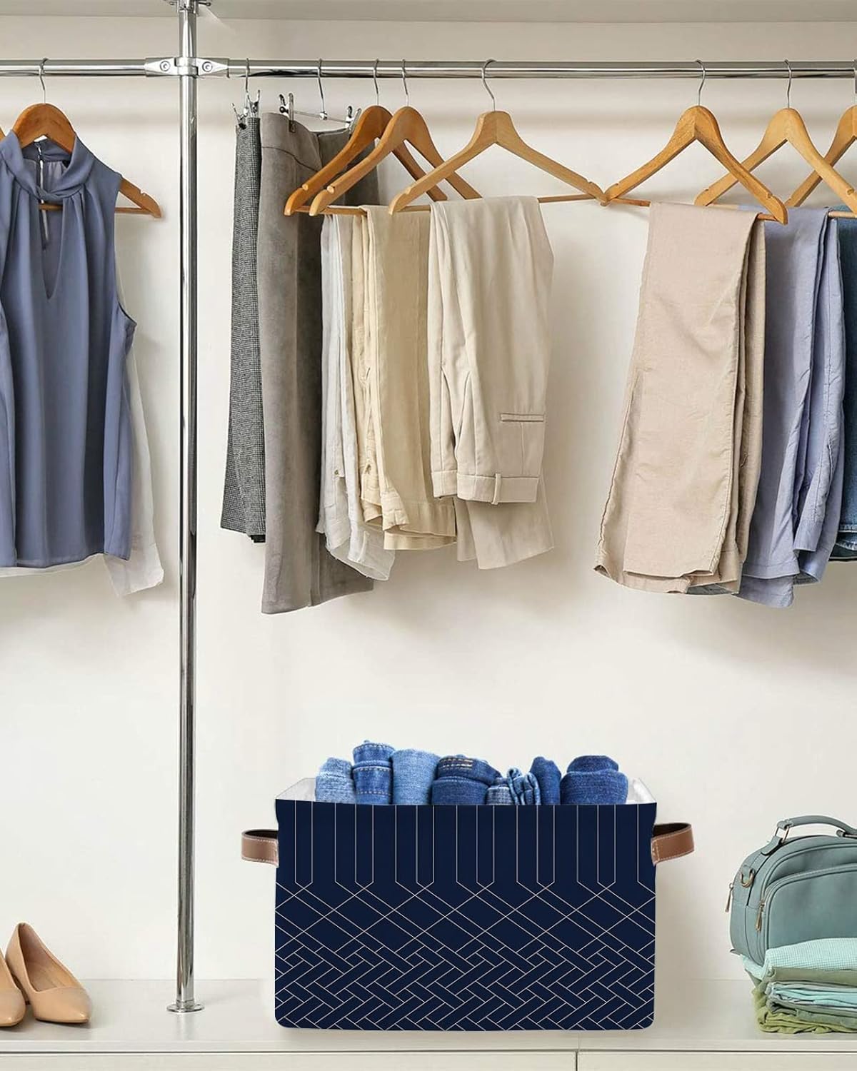 Cesta de almacenamiento geométrica azul marino y blanco para organizar estantes, cajas de almacenamiento plegables con asa, cesta de lona de arte