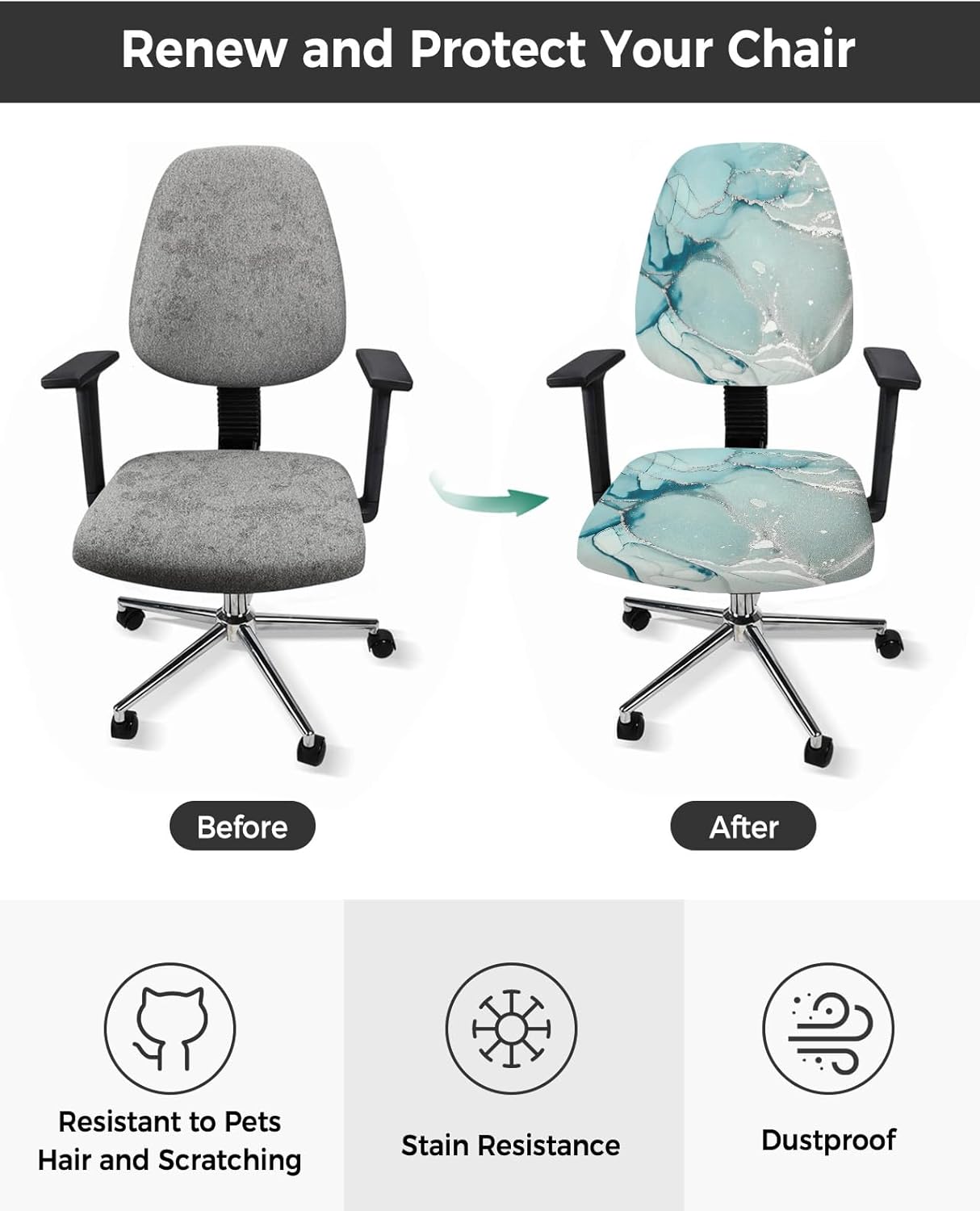 Funda para silla de oficina con diseño de mármol verde azulado, turquesa, azul aguamarina, textura de mármol, funda elástica giratoria para silla,