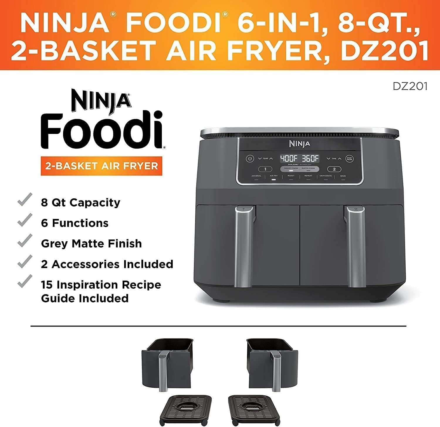 Ninja DZ100 Foodi 4 en 1, 8 cuartos de galón, freidora de aire de 2 cestas con tecnología DualZone, DZ100 8 cuartos NEGRO (renovado)