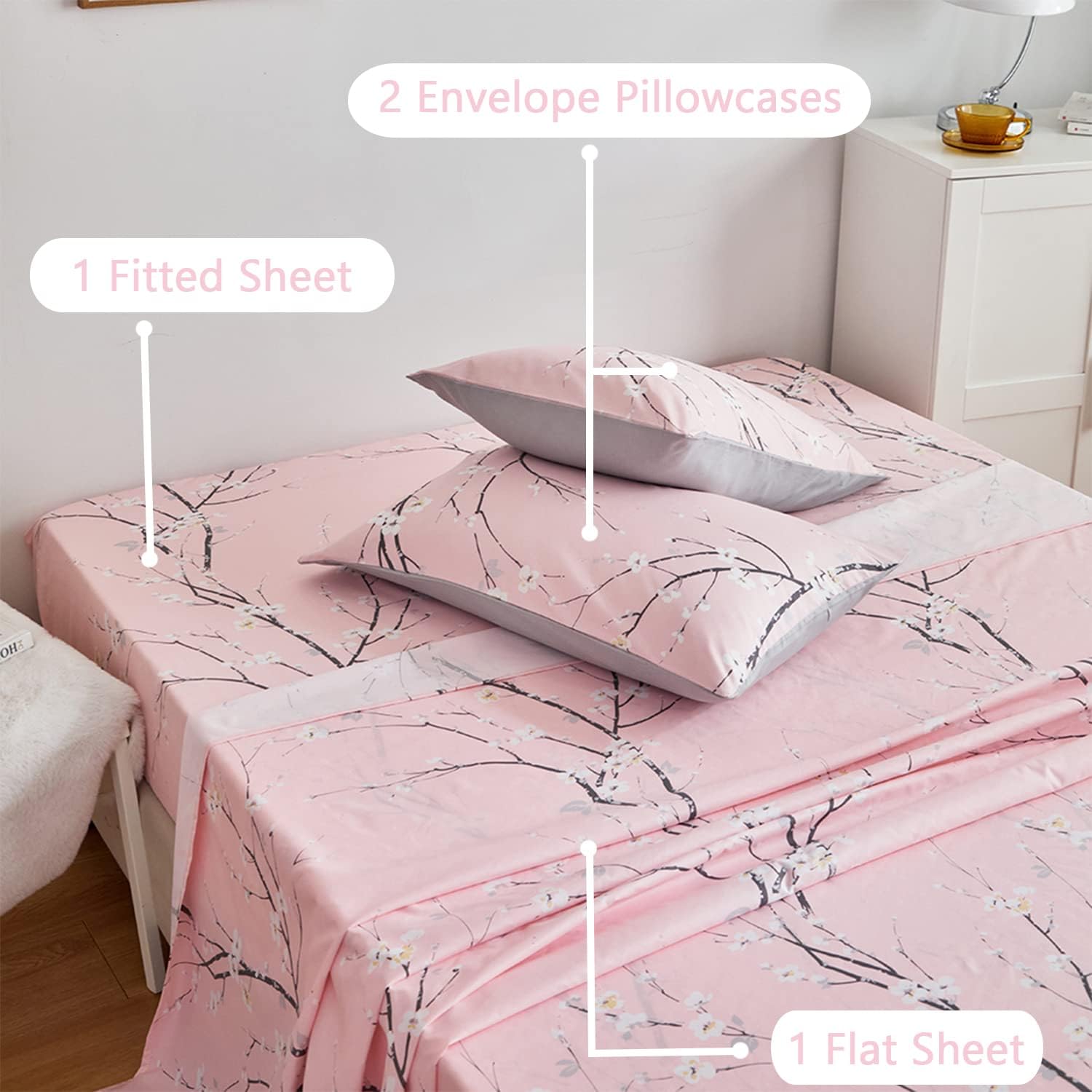 ZRNBAST Juego de sábanas tamaño King de 4 piezas color rubor con bolsillo profundo con estampado de ramas florales, juego de sábanas de color rosa