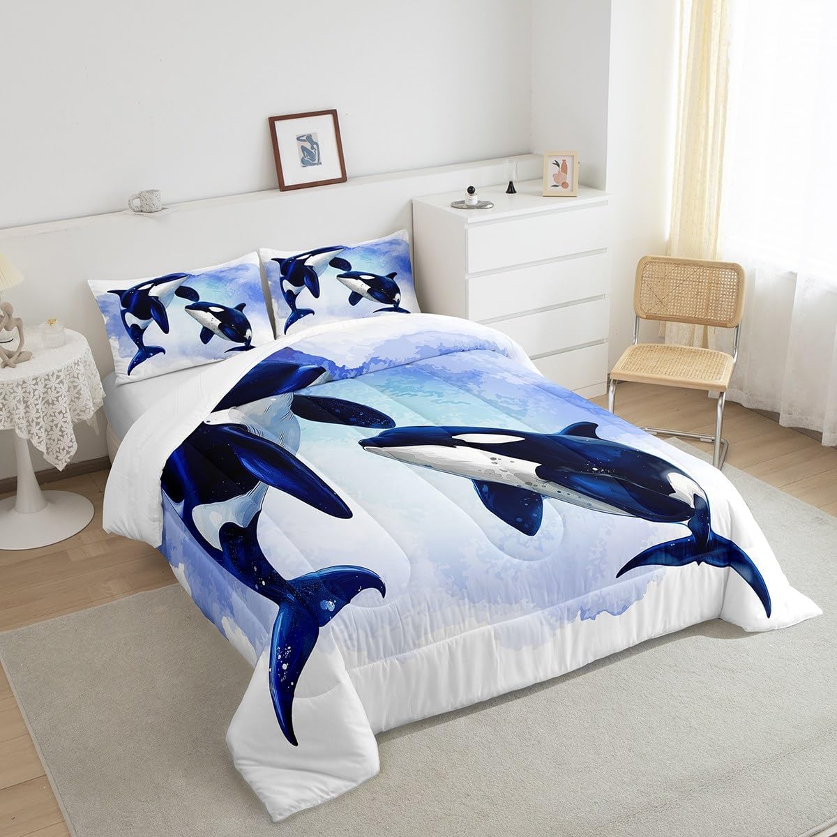 Erosebridal Juego de edredón tamaño matrimonial con diseño de ballena asesina para niños y niñas, juego de ropa de cama de animales oceánicos en