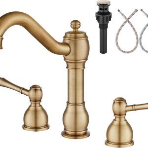 Aolemi Grifo de lavabo de baño de latón antiguo de 8 pulgadas, mango de doble palanca, 3 agujeros, montaje en cubierta, mezclador con montaje de Aolemi Grifo de lavabo de baño de latón antiguo de 8 pulgadas, mango de doble palanca, 3 agujeros, montaje en cubierta, mezclador con montaje de