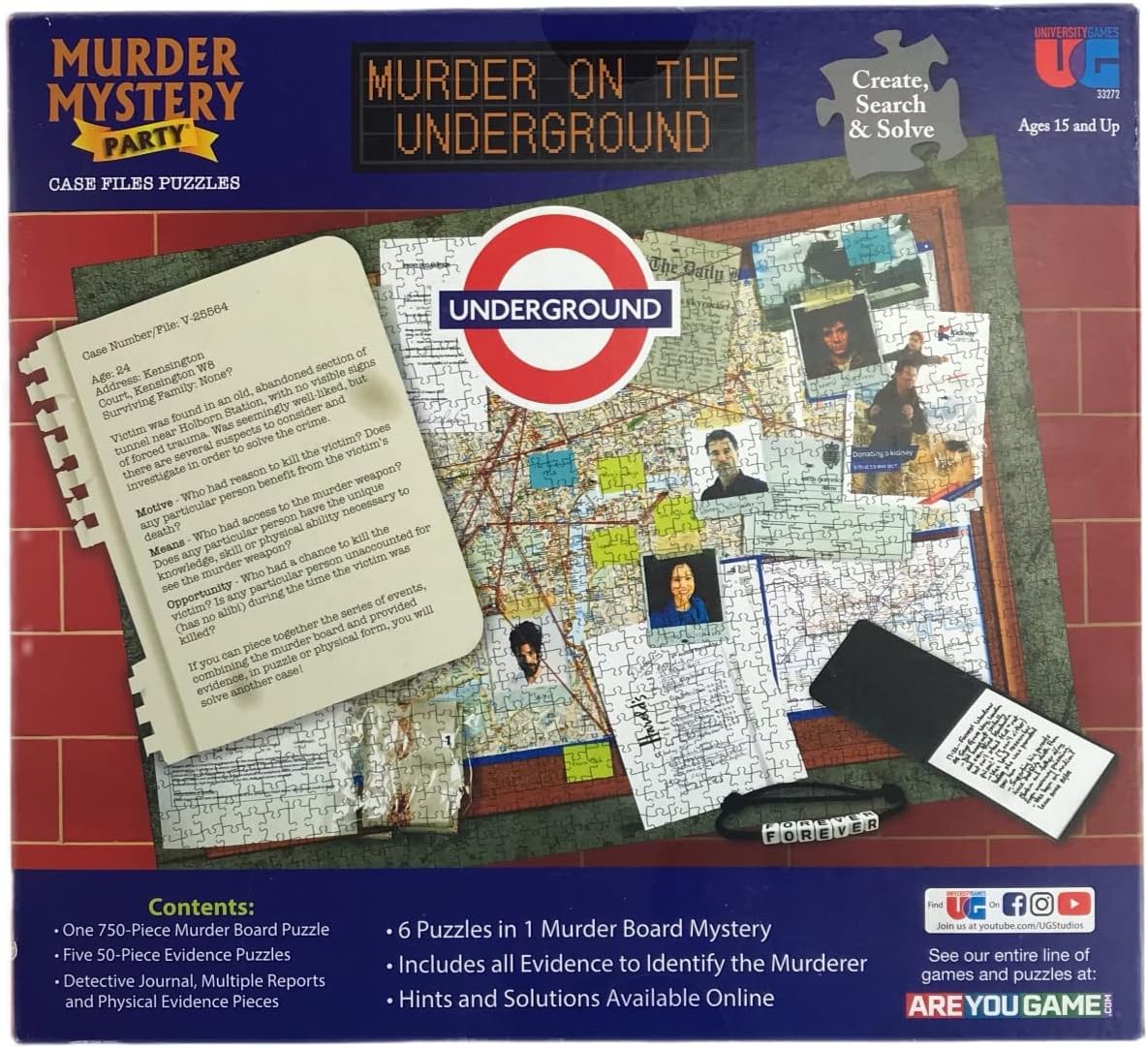 Murder Mystery Party  Rompecabezas de archivo de caso Asesinato en el subterráneo, para mayores de 14 años