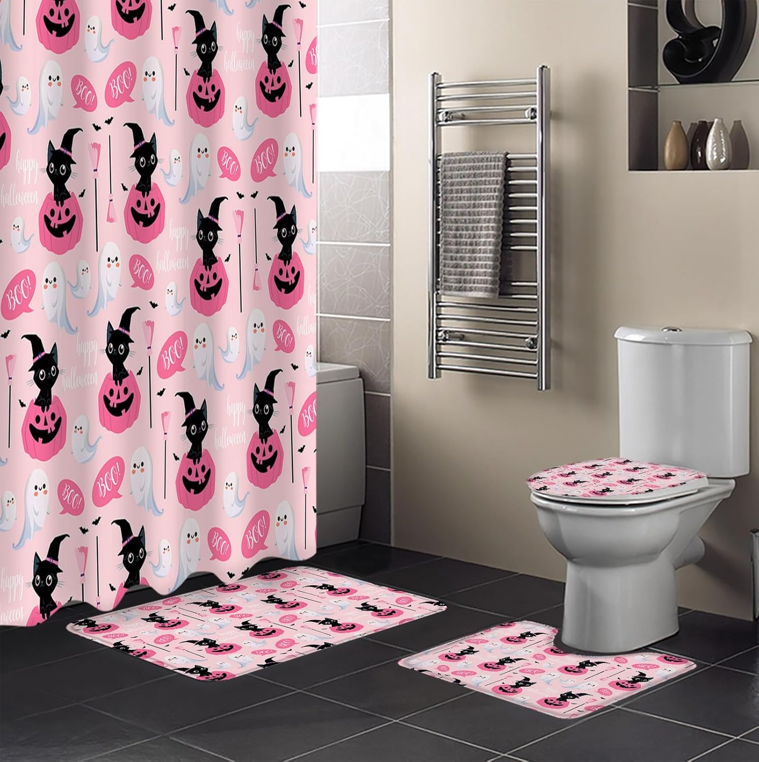 Juego de baño de Halloween con cortina de ducha y accesorios  36 x 72 pulgadas de largo, cortina impermeable con alfombra de baño pequeña, alfombra