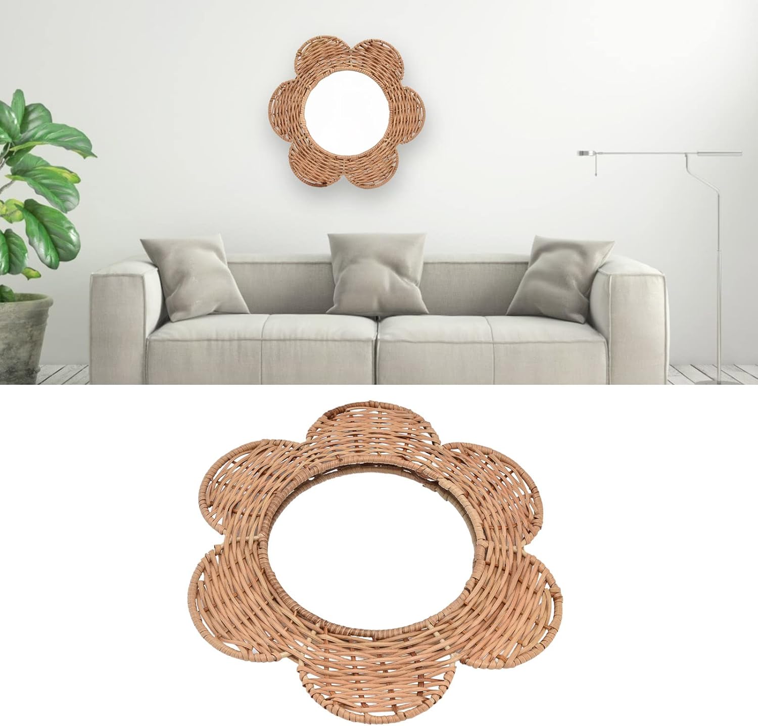 YLSZHY Espejo de pared con forma de flor redonda, espejo de pared de ratán, espejo decorativo bohemio decorativo para decoración del hogar, para