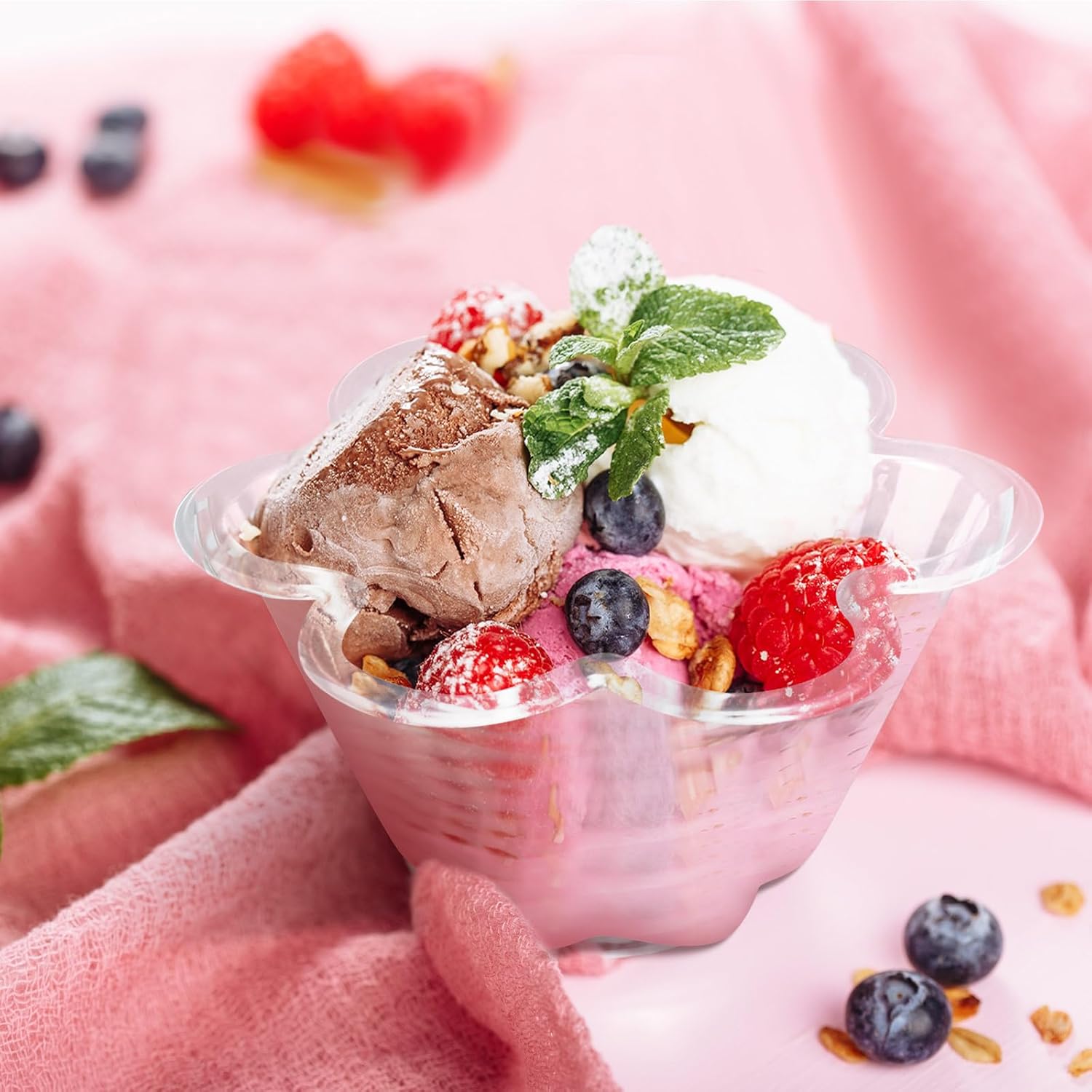 Sratte 300 cuencos de plástico para helado, taza de helado desechable en forma de flor, taza de helado transparente de 8.5 onzas, recipientes de