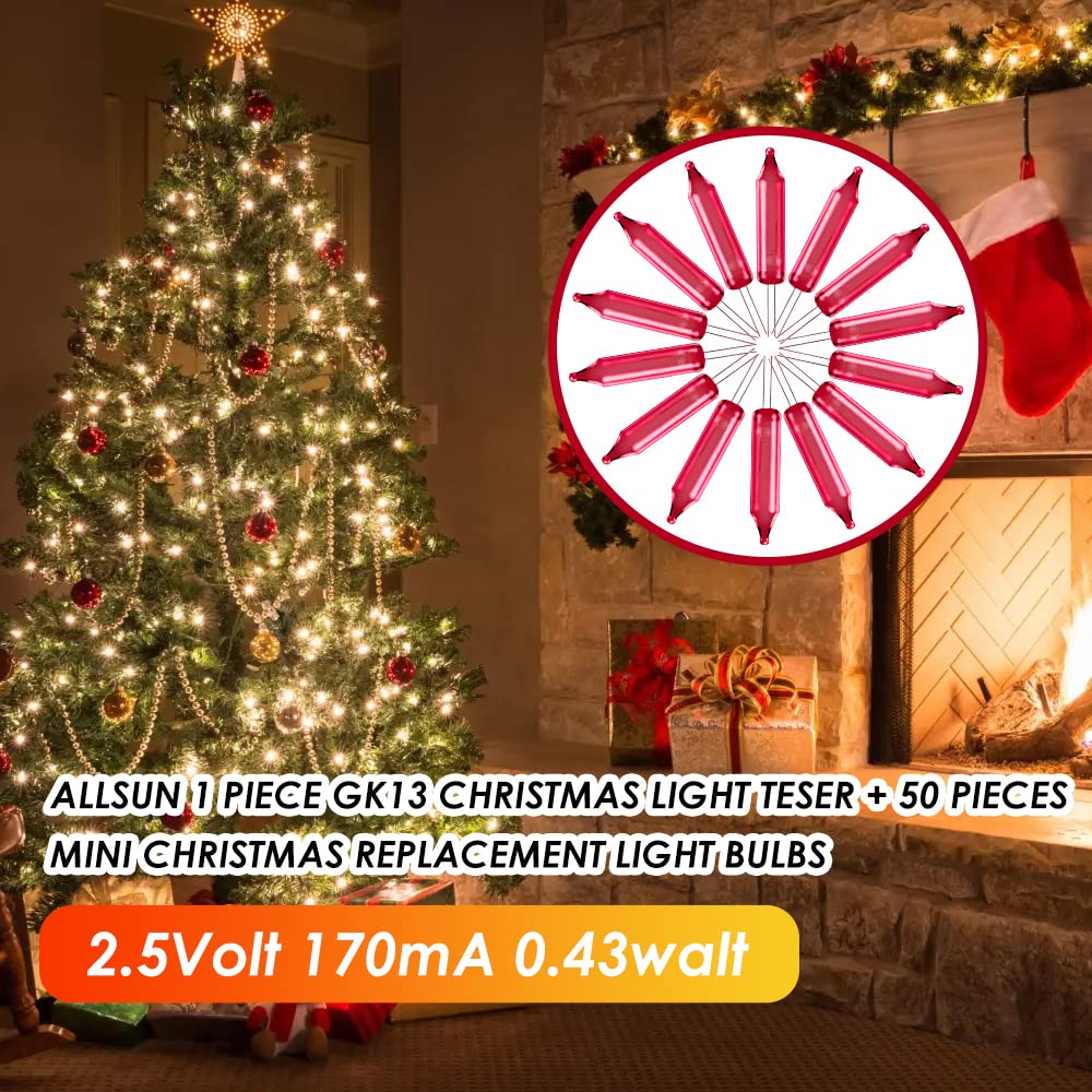 allsun Probador de luz de Navidad, probador de voltaje sin contacto, 50 piezas de mini Navidad de 2.5 voltios 0.17 mas bombillas de repuesto de 0.43