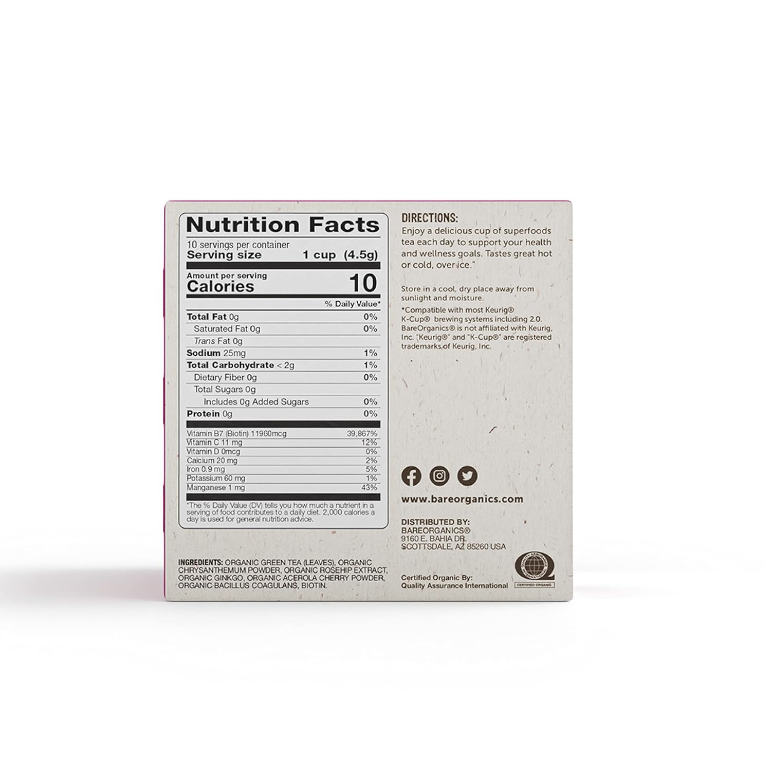 BareOrganics Té radiante con superalimentos y probióticos  Cápsulas de té compatibles con Keurig K-Cup  Certificado USDA orgánico, vegano, sin OMG y