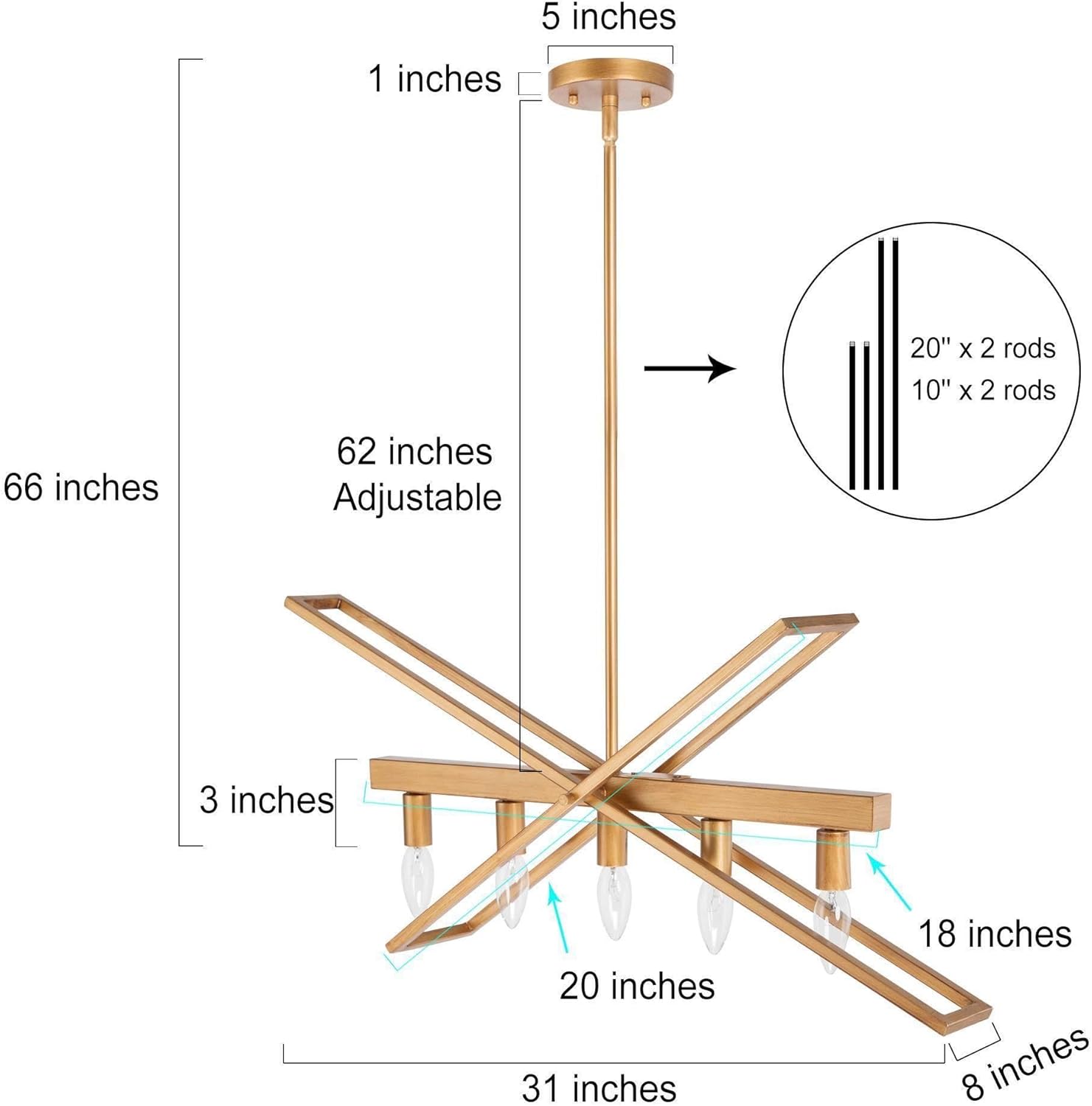 Candelabros dorados para comedor, 5 luces modernas lineales para isla de cocina, lámpara de araña grande de 31 pulgadas con acabado dorado
