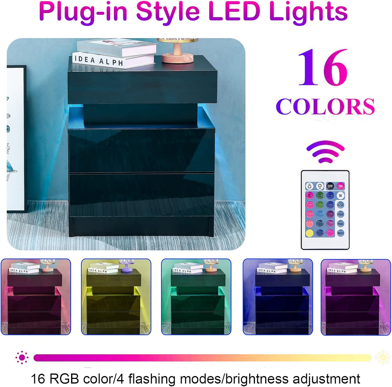 Yoluckea Mesita de noche LED para dormitorio, moderna de madera de alto brillo, 2 cajones, mesita de noche negra, mesa auxiliar con compartimento de