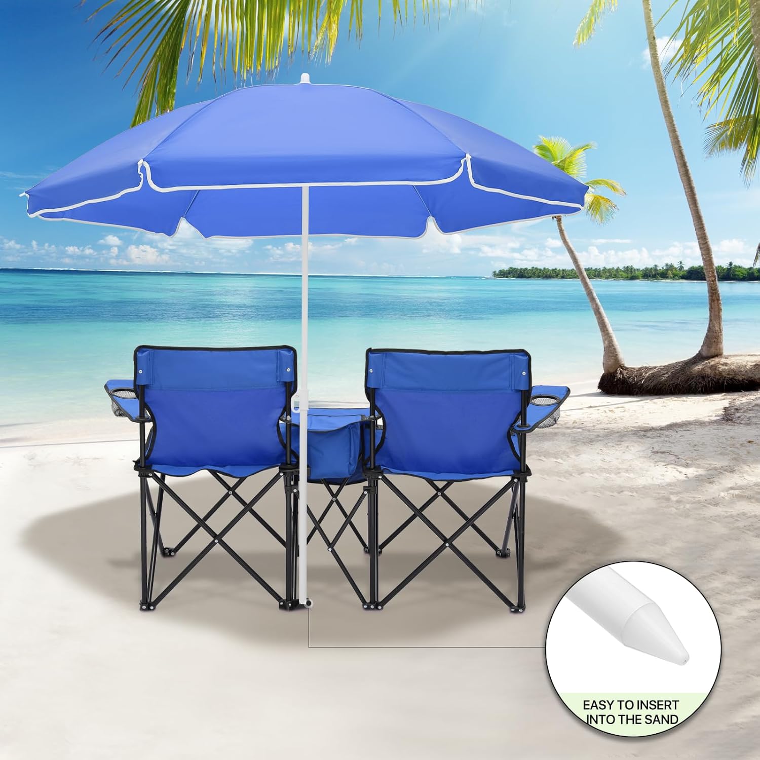 Magshion Silla de campamento doble con paraguas y enfriador para adultos, silla plegable de alta resistencia, color azul marino
