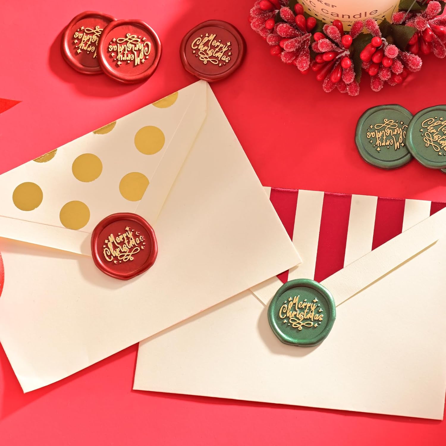 UNIQOOO Calcomanías de sello de cera de Navidad, color rojo y verde con oro, 50 calcomanías autoadhesivas, perfectas para Navidad, invierno, San