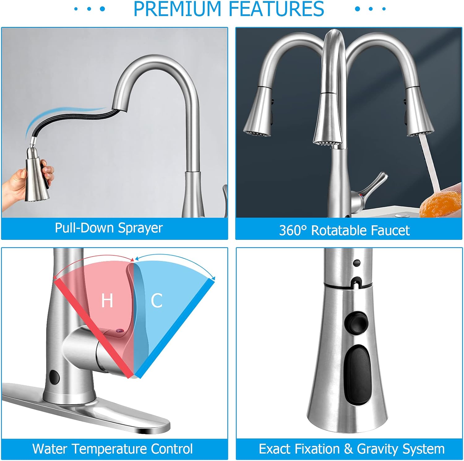 PETSITE Grifo de fregadero de cocina sin contacto con rociador extraíble, sensor de movimiento automático de un solo mango de arco alto, níquel