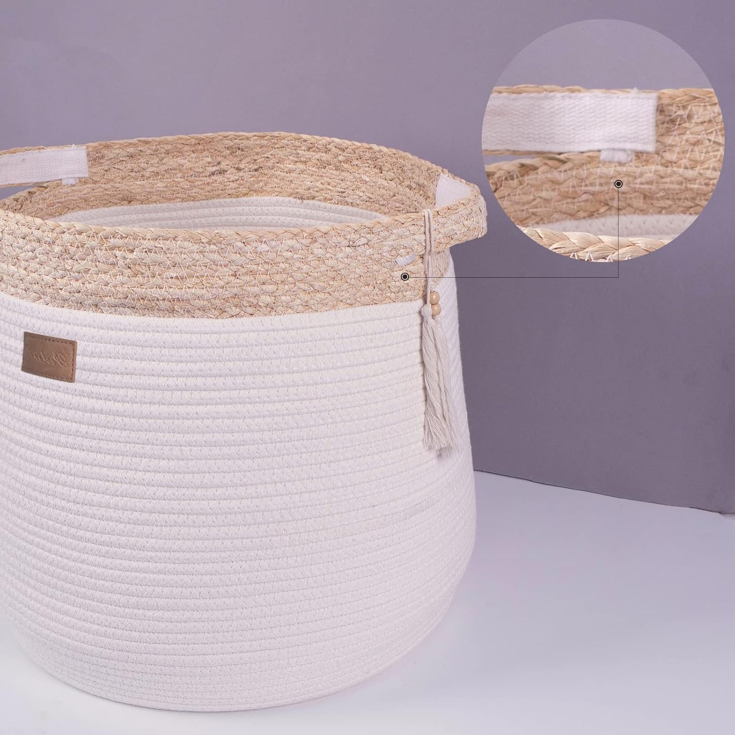 Cesta de almacenamiento tejida con asas, cesta de lavandería grande de 17.3 x 15 x 14.1 pulgadas, organizador de manta de algodón, contenedores de