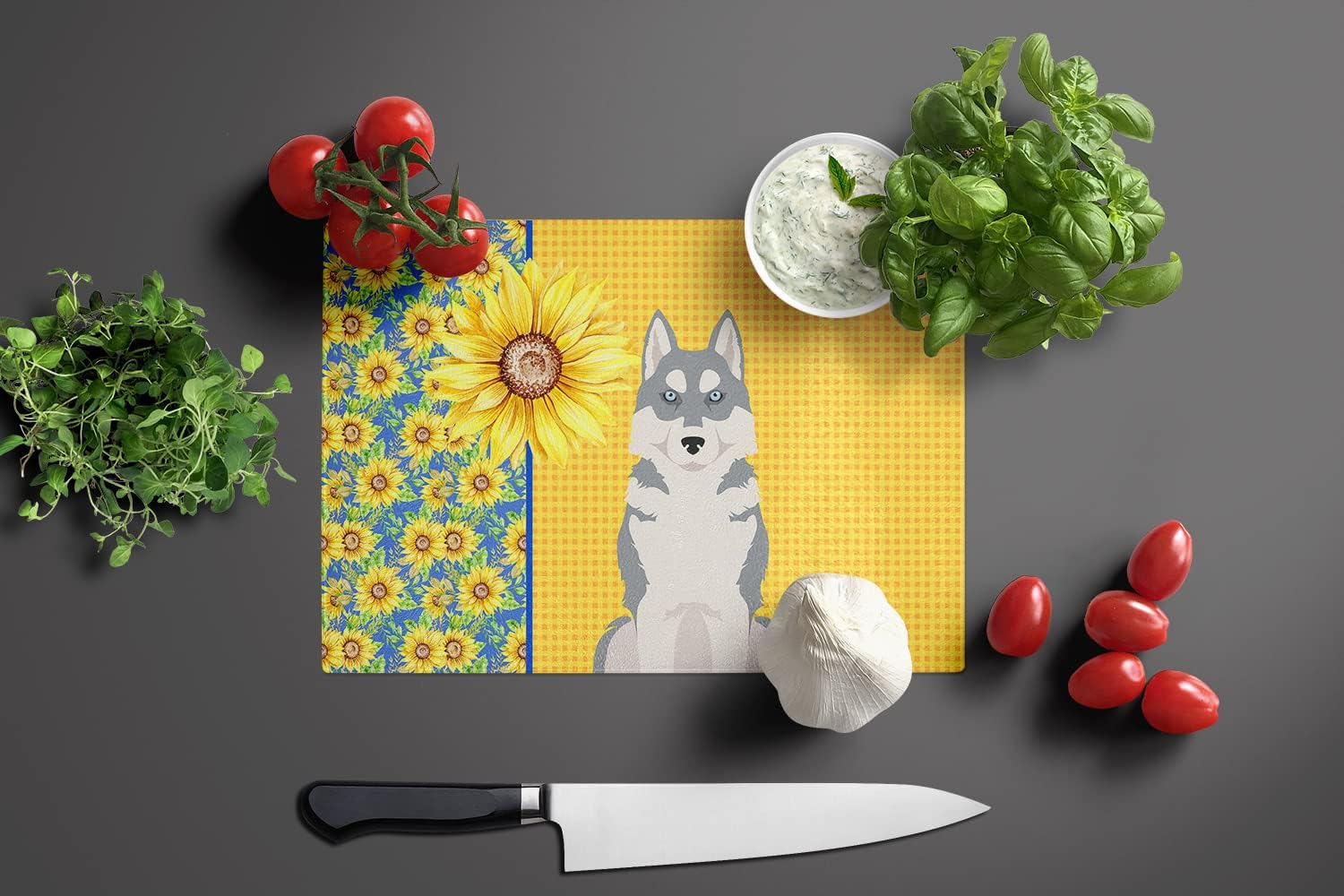Caroline’s Treasures WDK5491LCB Summer Sunflowers Grey Siberian Husky Glass Cutting Board Large Decorative Tempered Glass Kitchen Cutting and