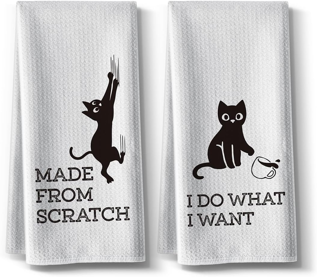 Hcaredee Toallas de cocina, divertidas toallas de cocina con temática de gatos, 16 x 24 pulgadas, paquete de 2, toallas de mano lindas de saco de