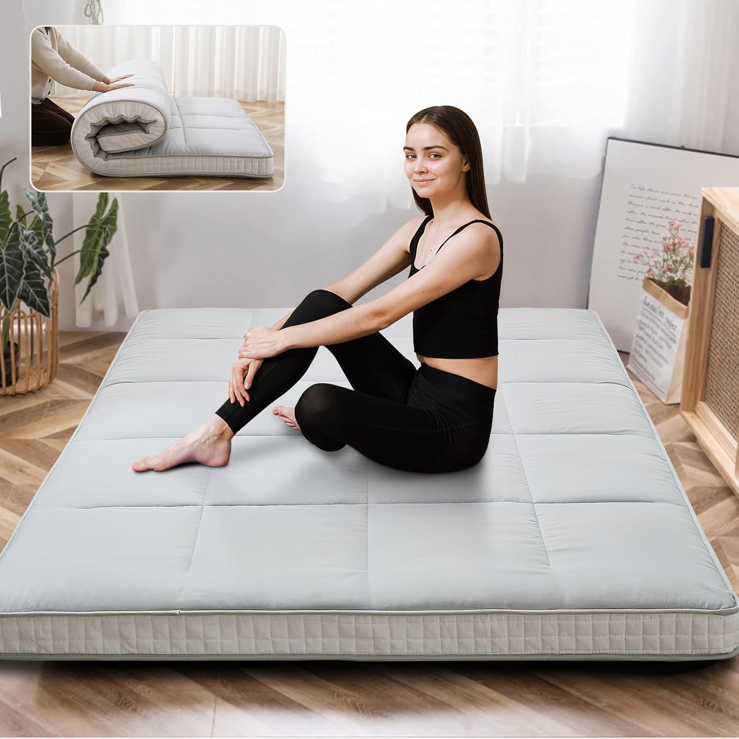 Colchón japonés de suelo futón, cubrecolchón plegable grueso de tatami, colchón enrollable, tapete plegable para dormir, tumbona transpirable,