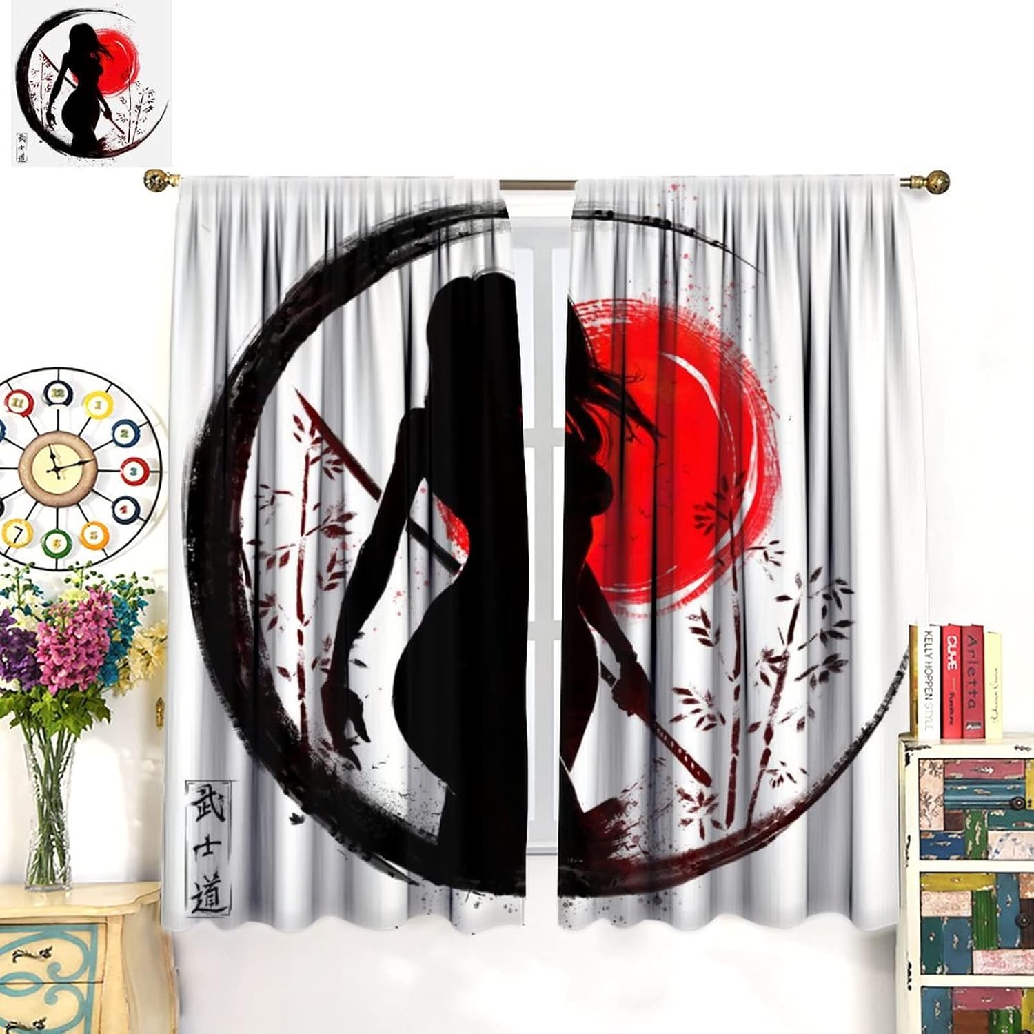 Cortina japonesa de anime samurái femenino Janpan Warrior pintura de tinta para niños y hombres, decoración de habitación, con bolsillo para barra,