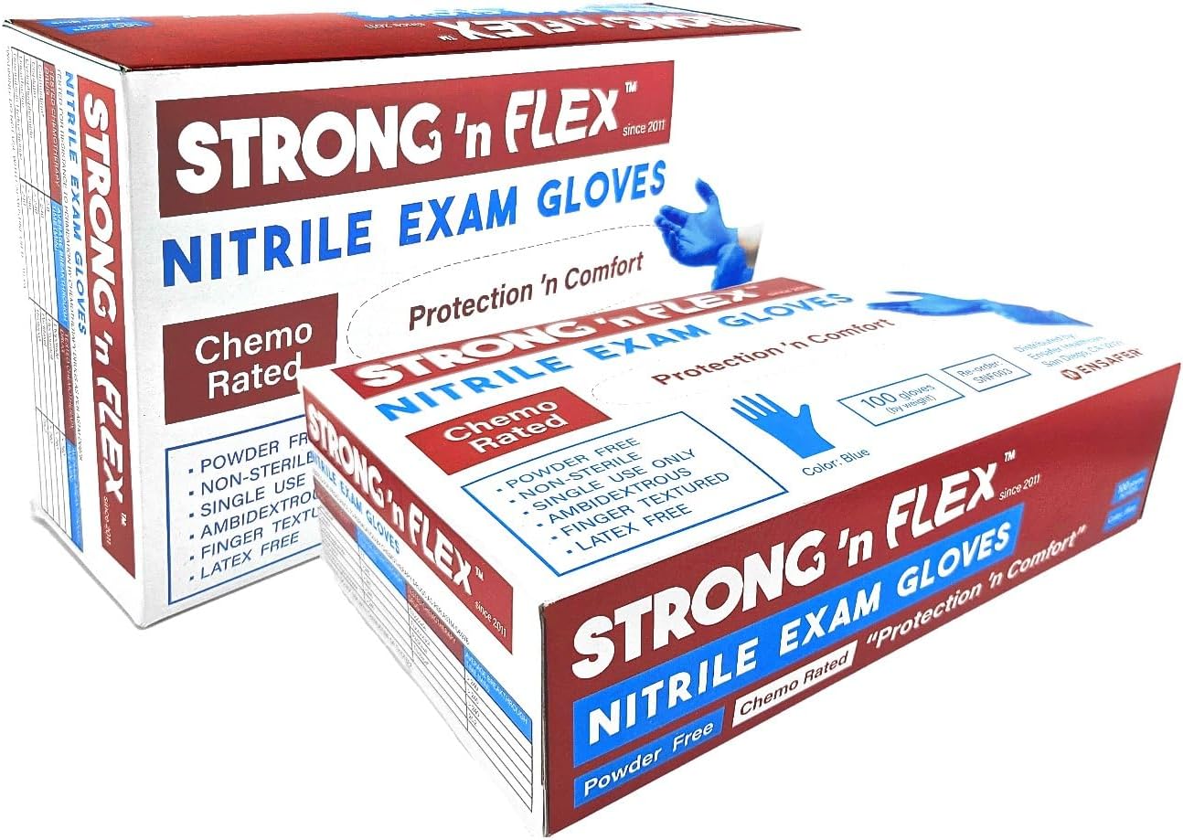 STRONG ‘n FLEX Guantes de examen de nitrilo de alta calidad, sin polvo, quimioratados, 4.5 mil, mayor protección y comodidad, multiusos, 100caja
